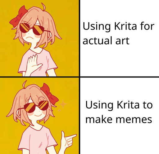 Using Krita for actual art (disapproving person to left) - Using Krita to make memes (approving person to left)