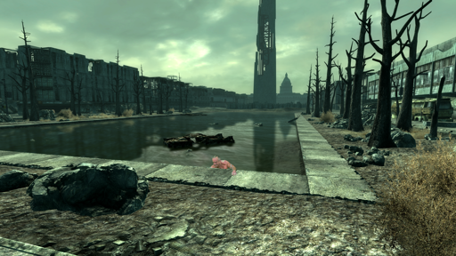 Screenshot from Fallout 3 of the Reflecting pool with RFK Jr photoshopped into it