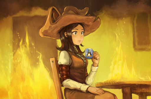 Pepper sitting in a burning room with a blue Linux cup in her hand. Referencing the "this is fine" meme.